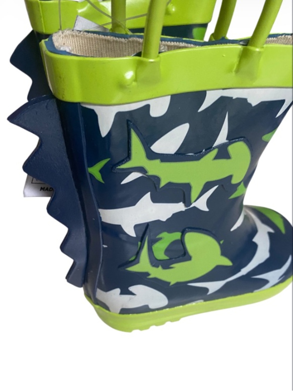 ⭐️Classic Kiks  Shark Rain Boots in Navy & Lime Dino Fin Design NWT - Picture 3 of 6